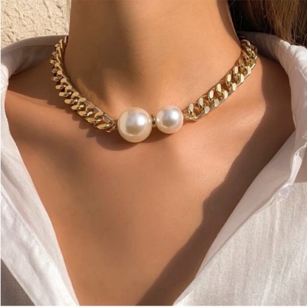 Anthropologie Gold Chain Necklace with Pearl Accents
